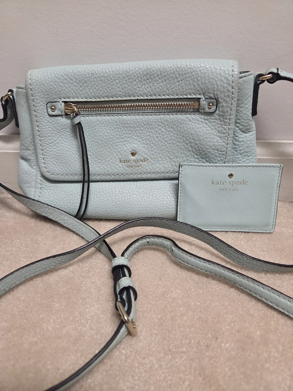 Kate Spade Pebbled Leather Crossbody Bag and Card Case in Light Blue